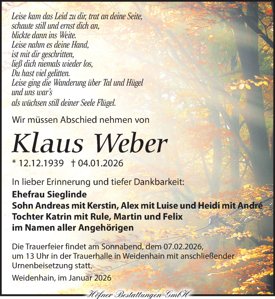  Traueranzeige für Klaus Weber vom 24.01.2026 aus Torgauer Zeitung