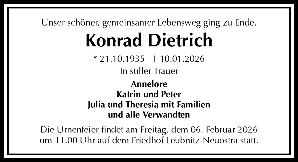  Traueranzeige für Konrad Dietrich vom 28.01.2026 aus Sächsische Zeitung