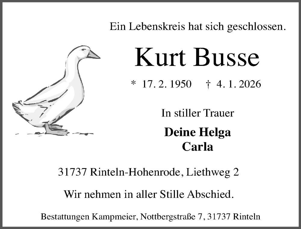  Traueranzeige für Kurt Busse vom 10.01.2026 aus Schaumburger Nachrichten und Schaumburger Zeitung/ Landes-Zeitung