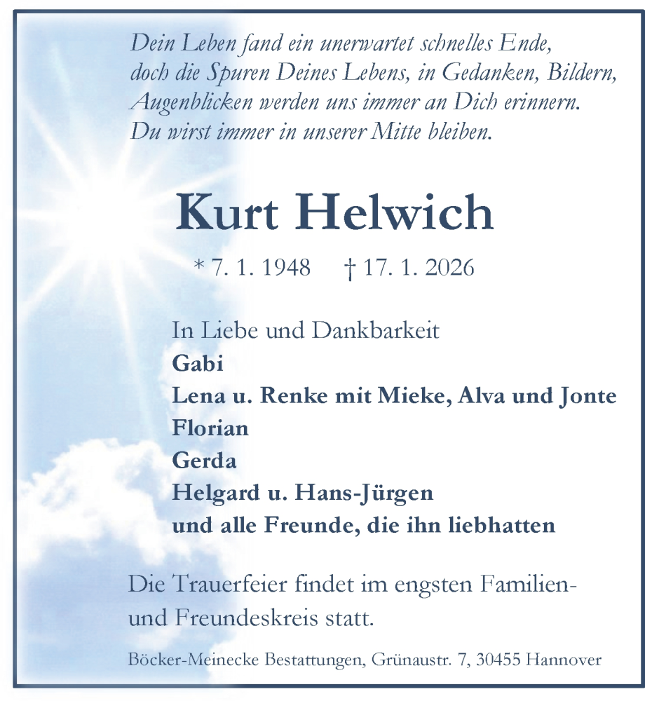  Traueranzeige für Kurt Helwich vom 31.01.2026 aus Hannoversche Allgemeine Zeitung/Neue Presse