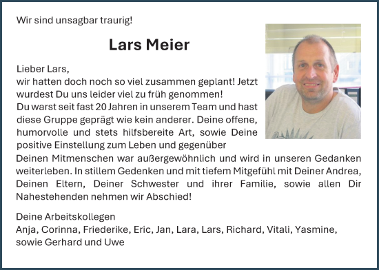 Traueranzeige von Lars Meier von Täglicher Anzeiger Holzminden