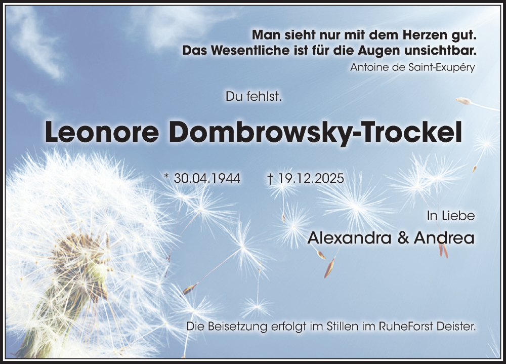 Traueranzeige für Leonore Dombrowsky-Trockel vom 31.01.2026 aus Hannoversche Allgemeine Zeitung/Neue Presse