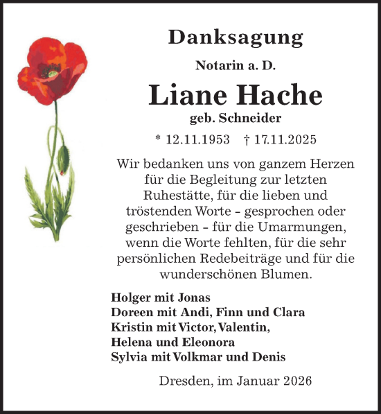 Traueranzeige von Liane Hache von Sächsische Zeitung