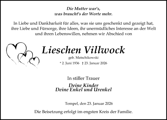Traueranzeige von Lieschen Villwock von Ostsee-Zeitung GmbH