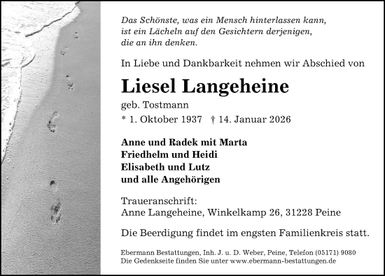 Traueranzeige von Liesel Langeheine von Peiner Allgemeine Zeitung