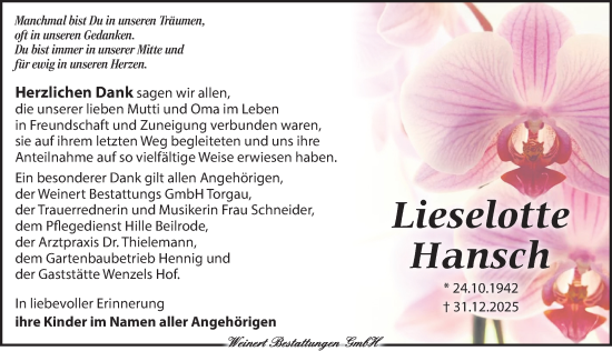 Traueranzeige von Lieselotte Hansch von Torgauer Zeitung