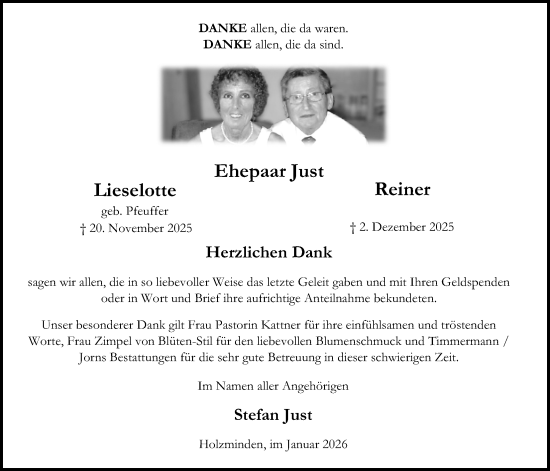 Traueranzeige von Lieselotte Just von Täglicher Anzeiger Holzminden