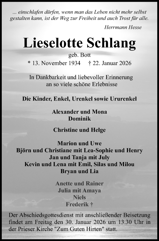 Traueranzeige von Lieselotte Schlang von Kieler Nachrichten
