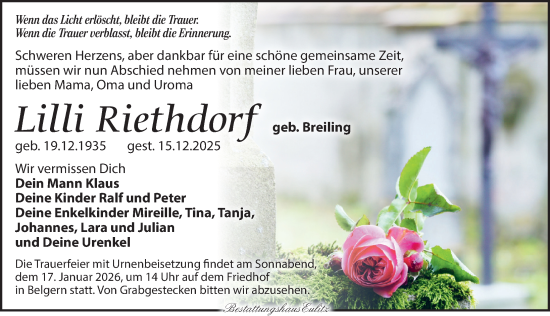 Traueranzeige von Lilli Riethdorf von Torgauer Zeitung