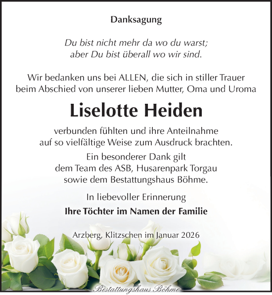 Traueranzeige von Liselotte Heiden von Torgauer Zeitung