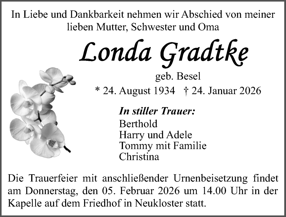  Traueranzeige für Londa Gradtke vom 31.01.2026 aus Ostsee-Zeitung GmbH