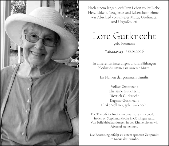 Traueranzeige von Lore Gutknecht von Göttinger Tageblatt
