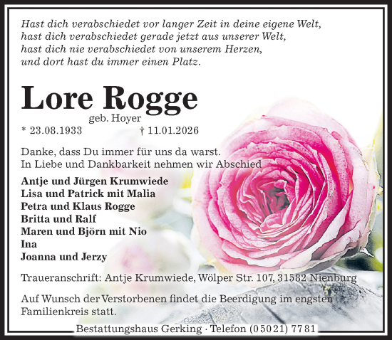 Traueranzeige von Lore Rogge von Die Harke