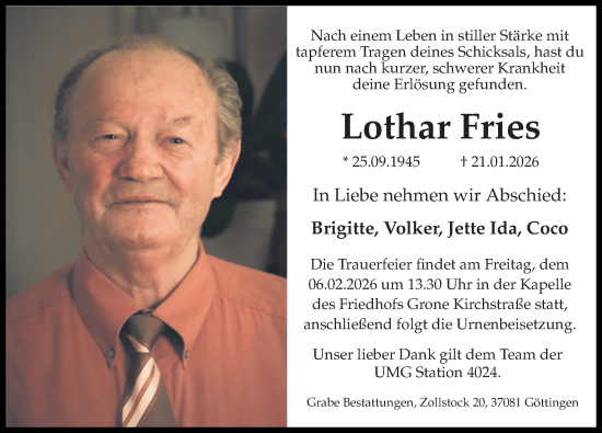 Traueranzeige von Lothar Fries von Göttinger Tageblatt