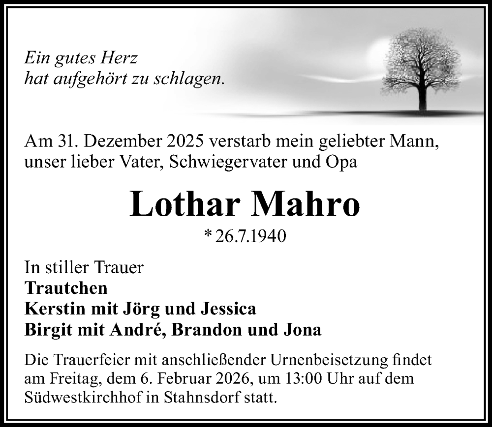  Traueranzeige für Lothar Mahro vom 24.01.2026 aus Märkischen Allgemeine Zeitung