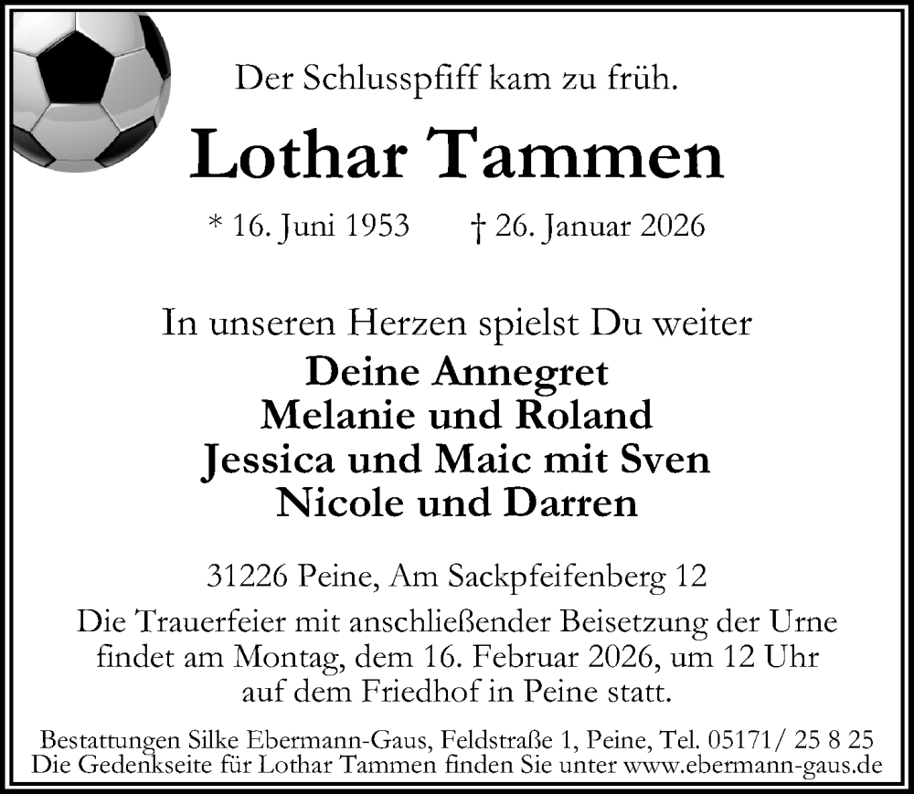  Traueranzeige für Lothar Tammen vom 31.01.2026 aus Peiner Allgemeine Zeitung