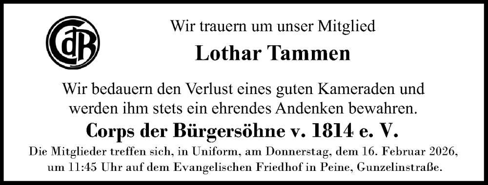  Traueranzeige für Lothar Tammen vom 31.01.2026 aus Peiner Allgemeine Zeitung