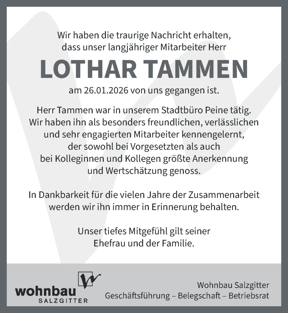 Traueranzeige für Lothar Tammen vom 31.01.2026 aus Peiner Allgemeine Zeitung