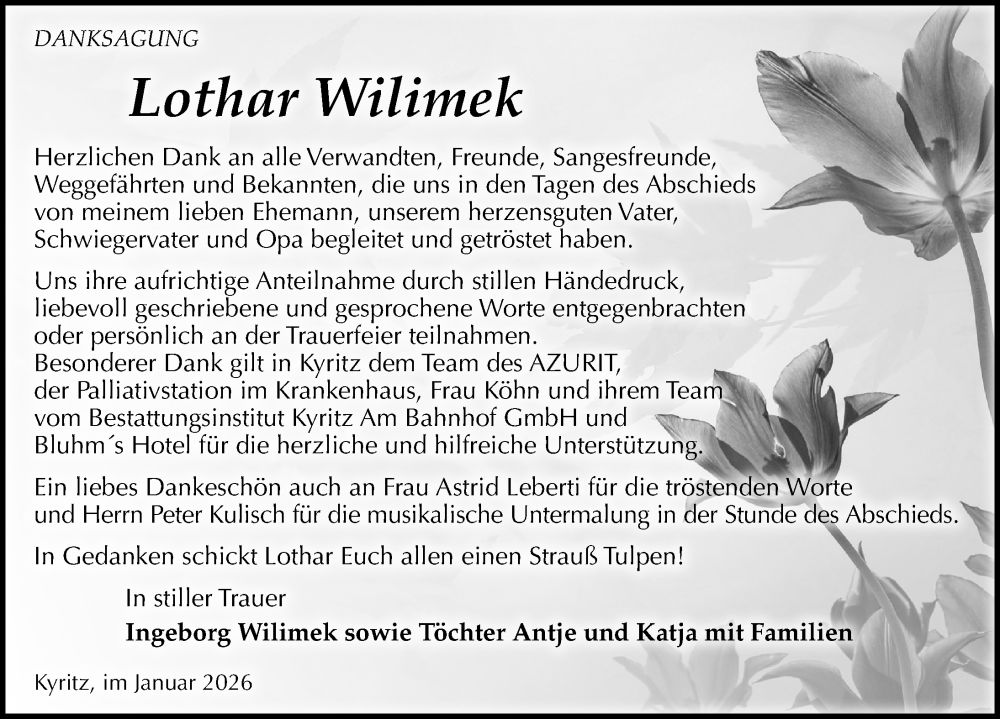  Traueranzeige für Lothar Wilimek vom 31.01.2026 aus Wochenspiegel