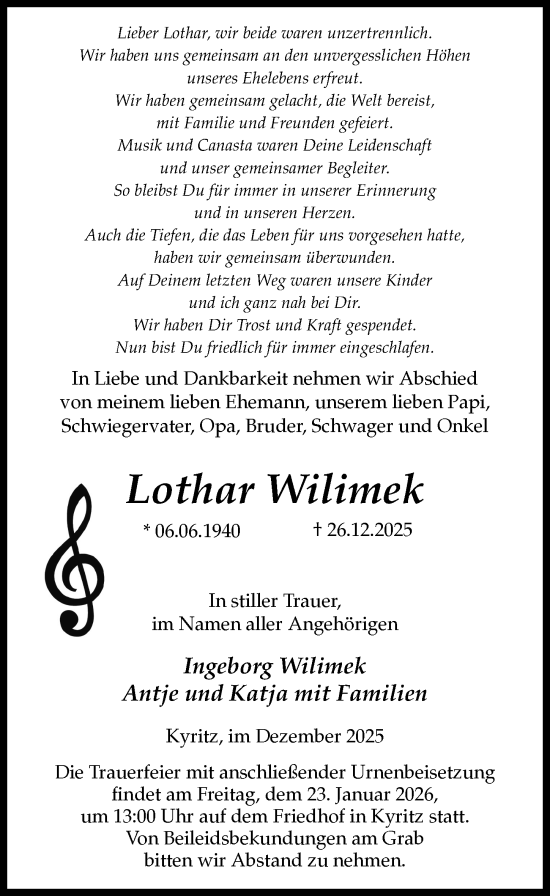 Traueranzeige von Lothar Wilimek von Wochenspiegel