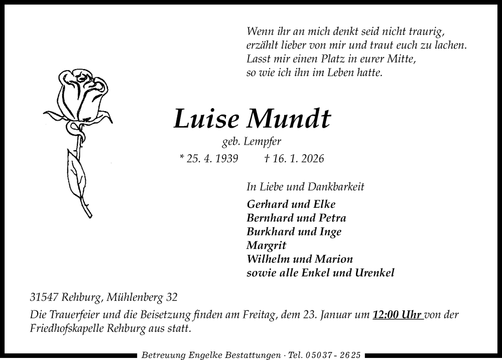  Traueranzeige für Luise Mundt vom 20.01.2026 aus Die Harke