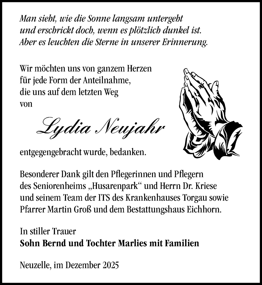  Traueranzeige für Lydia Neujahr vom 10.01.2026 aus Torgauer Zeitung