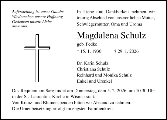 Traueranzeige von Magdalena Schulz von Ostsee-Zeitung GmbH