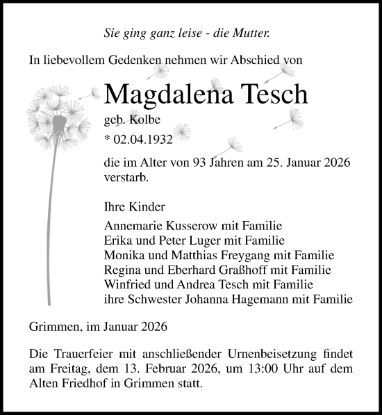Traueranzeige von Magdalena Tesch von Ostsee-Zeitung GmbH