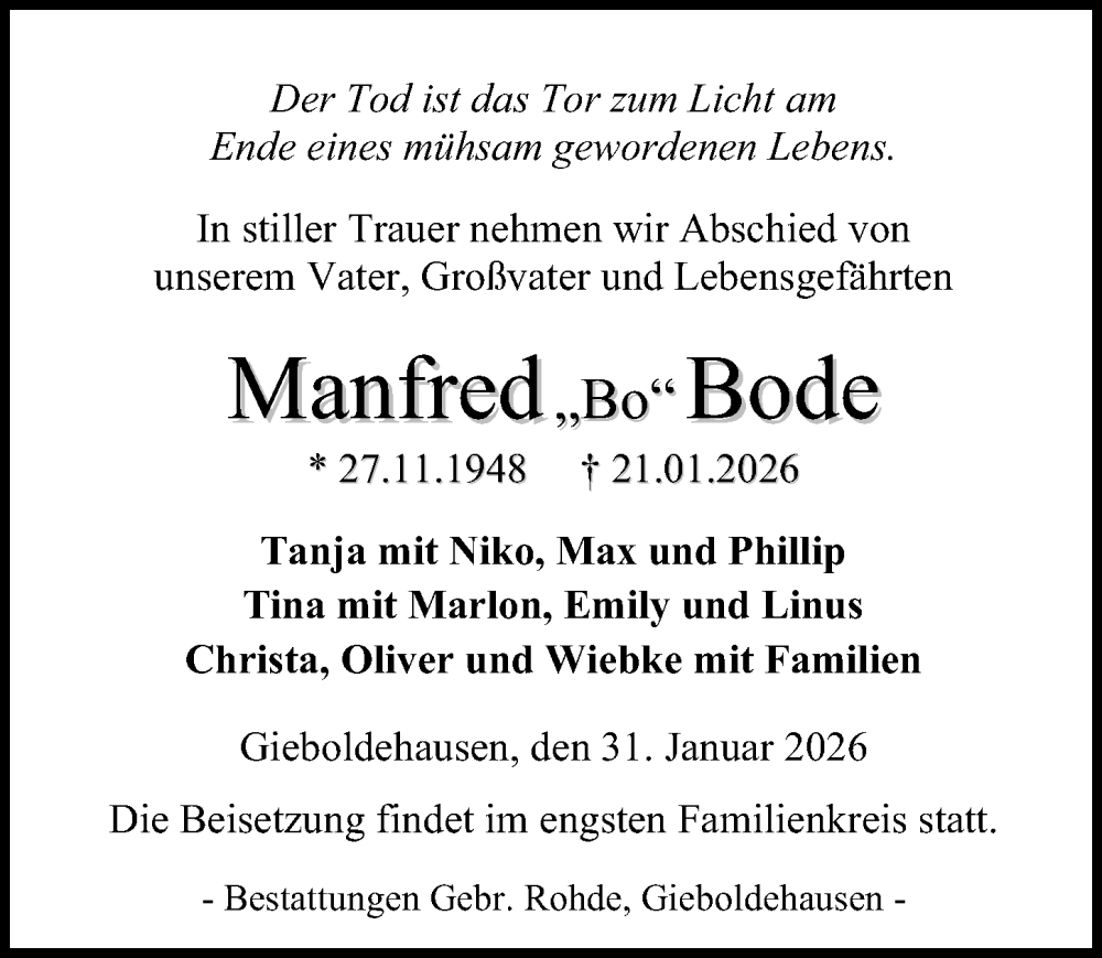  Traueranzeige für Manfred Bode vom 31.01.2026 aus Eichsfelder Tageblatt