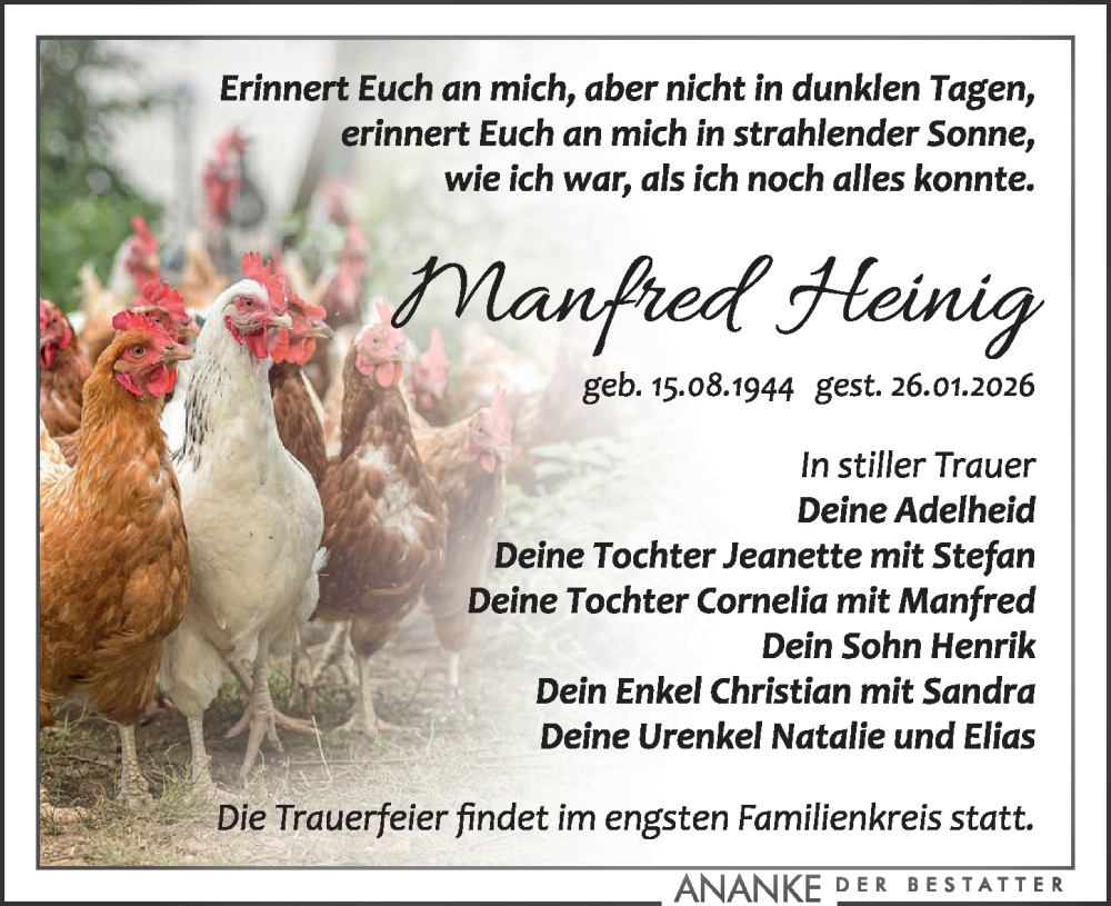  Traueranzeige für Manfred Heining vom 31.01.2026 aus Leipziger Volkszeitung