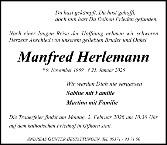 Traueranzeige von Manfred Herlemann von Aller Zeitung