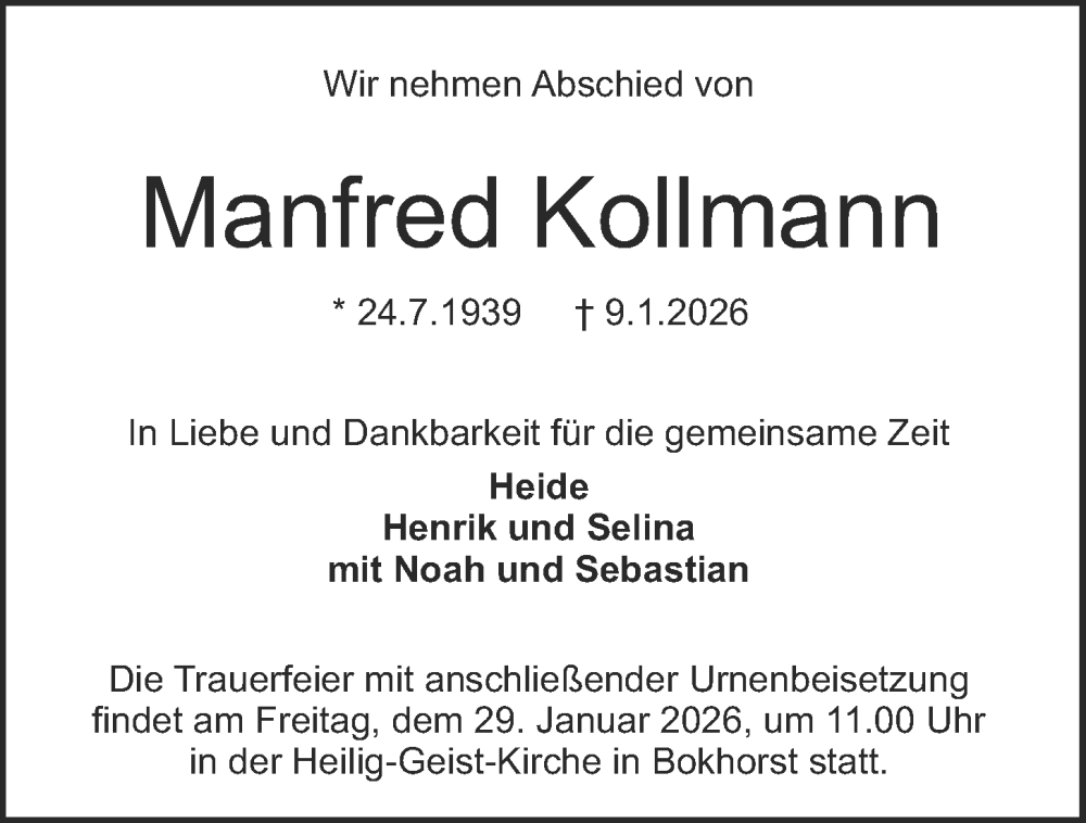  Traueranzeige für Manfred Kollmann vom 24.01.2026 aus Kieler Nachrichten