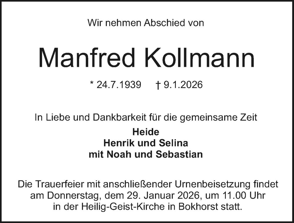  Traueranzeige für Manfred Kollmann vom 27.01.2026 aus Kieler Nachrichten