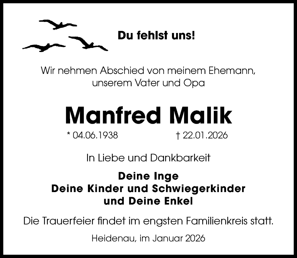  Traueranzeige für Manfred Malik vom 31.01.2026 aus Sächsische Zeitung