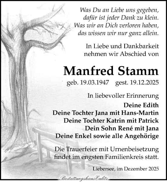 Traueranzeige von Manfred Stamm von Torgauer Zeitung