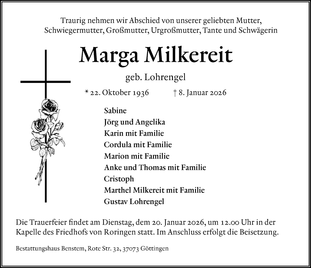  Traueranzeige für Marga Milkereit vom 17.01.2026 aus Göttinger Tageblatt