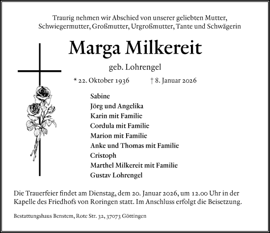 Traueranzeige von Marga Milkereit von Göttinger Tageblatt