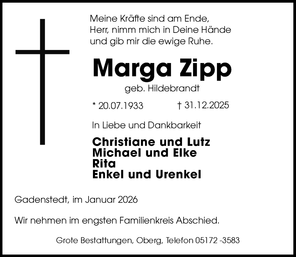  Traueranzeige für Marga Zipp vom 10.01.2026 aus Peiner Allgemeine Zeitung