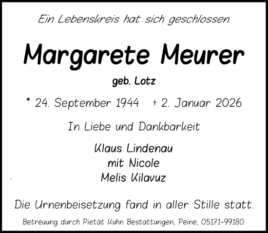 Traueranzeige von Margarete Meurer von Peiner Allgemeine Zeitung