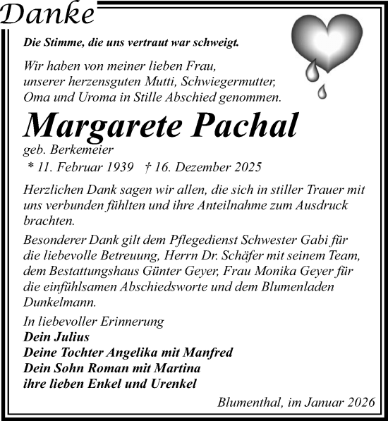 Traueranzeige von Margarete Pachal von Wochenspiegel