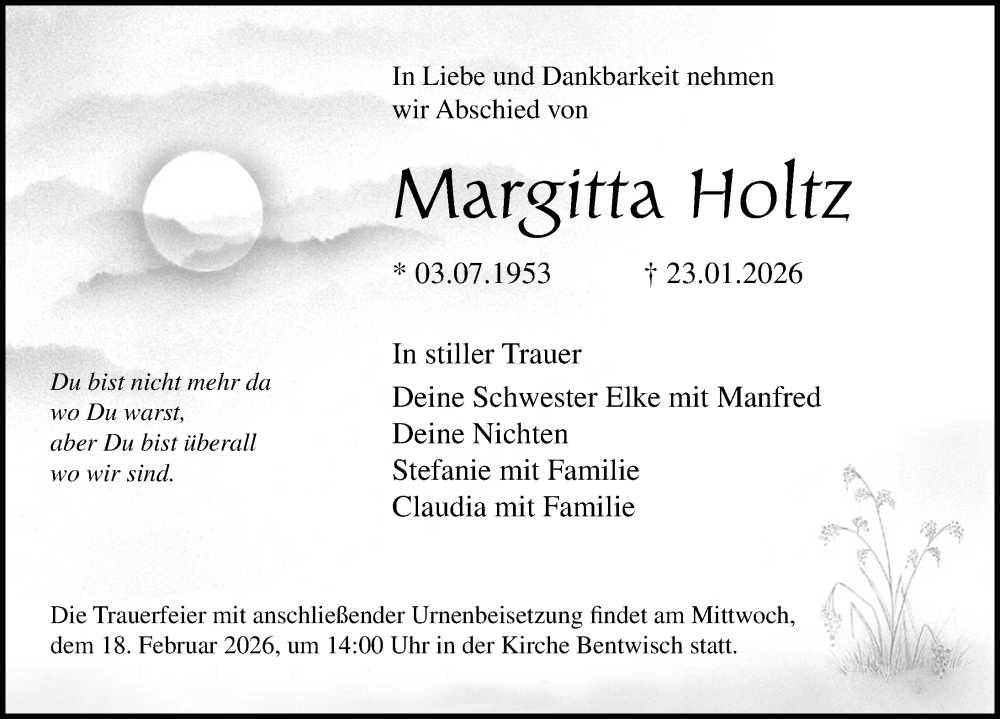  Traueranzeige für Margitta Holtz vom 31.01.2026 aus Ostsee-Zeitung GmbH