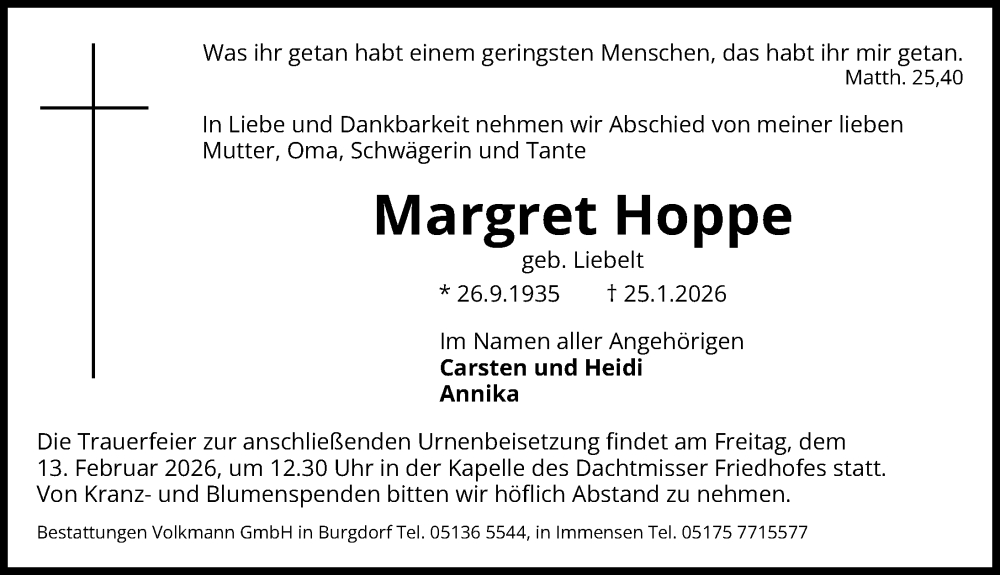  Traueranzeige für Margret Hoppe vom 31.01.2026 aus Hannoversche Allgemeine Zeitung/Neue Presse