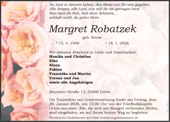 Traueranzeige von Margret Robatzek von Die Harke