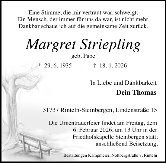 Traueranzeige von Margret Striepling von Schaumburger Nachrichten und Schaumburger Zeitung/ Landes-Zeitung