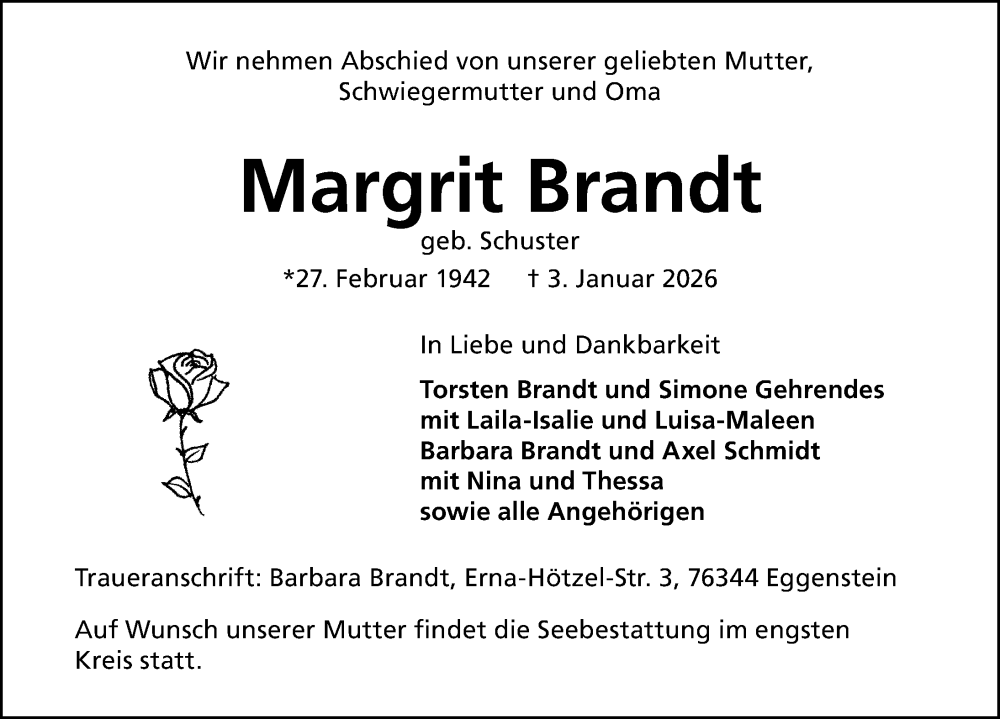  Traueranzeige für Margrit Brandt vom 25.01.2026 aus Lübecker Nachrichten