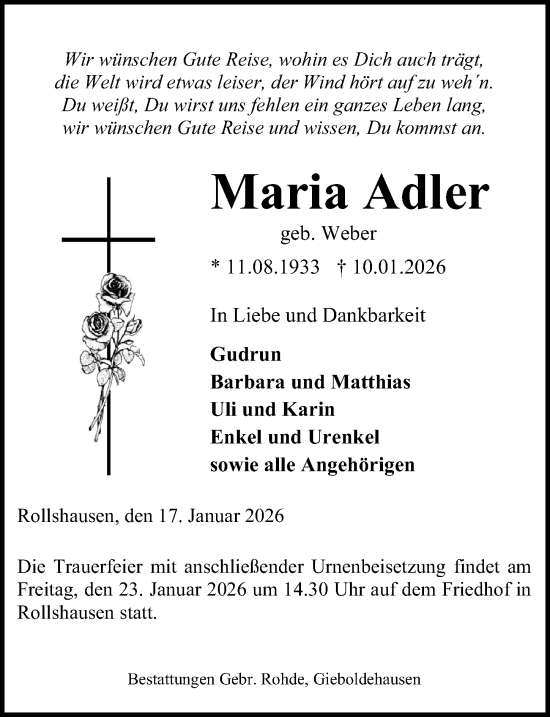 Traueranzeige von Maria Adler von Eichsfelder Tageblatt