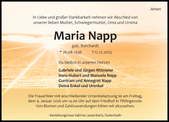 Traueranzeige von Maria Napp von Eichsfelder Tageblatt