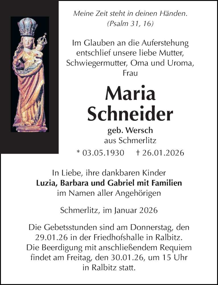  Traueranzeige für Maria Schneider vom 29.01.2026 aus Sächsische Zeitung