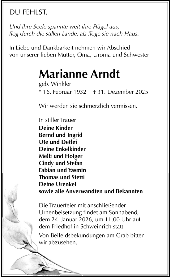 Traueranzeige von Marianne Arndt von Wochenspiegel