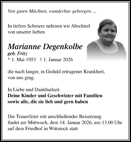 Traueranzeige von Marianne Degenkolbe von Wochenspiegel